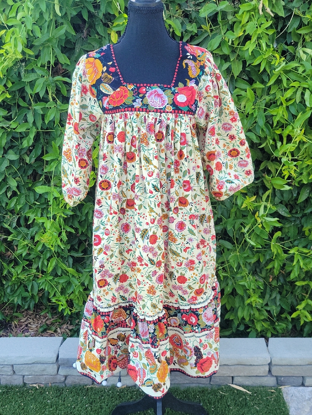 Vintage 90s Folk Bohemian Floral Cotton Dress Prairie Peasant Cottagecore
